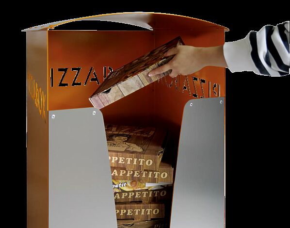 Pizzabox-Abfallbehälter SEATON, Dekorblende Edelstahl, Stahlteile in RAL 2000 gelborange
