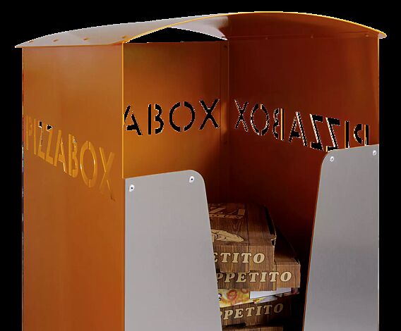 Pizzabox-Abfallbehälter SEATON, Dekorblende Edelstahl, Stahlteile in RAL 2000 gelborange