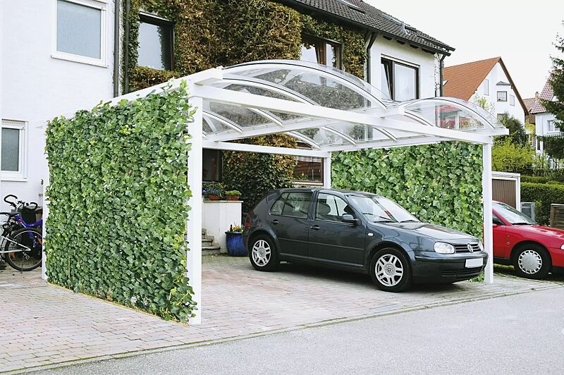 pkw-ueberdachung-kallisto__shoKAT0007886 Pkw-Überdachung KALLISTO für 2 Pkw, Dachbreite x Dachtiefe 5120 mm x 5000 mm, Seitenwände mit Begrünung, Stahlkonstruktion in RAL 9010 reinweiß Pkw-Überdachung KALLISTO Dachbreite x Dachtiefe 5120 mm x 5000 mm, Stahlkonstruktion feuerverzinkt und pulv...