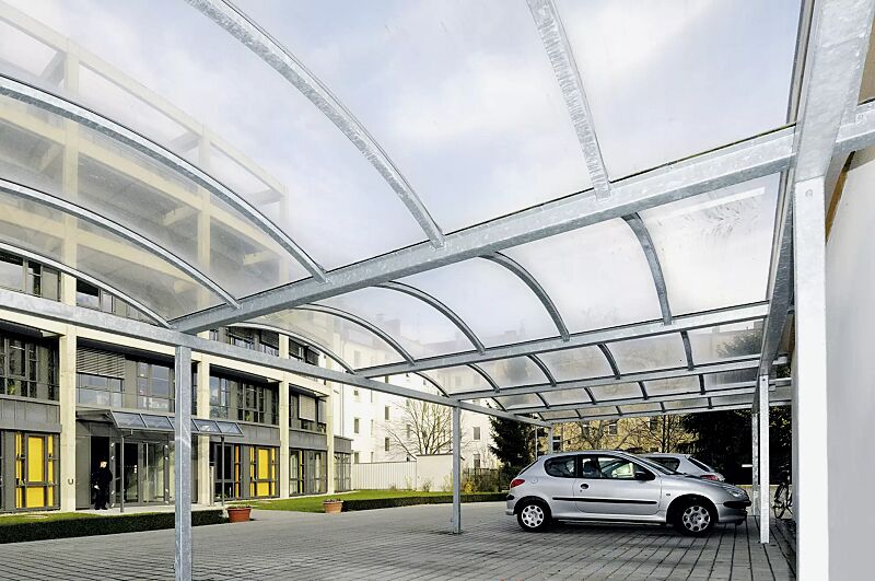 pkw-ueberdachung-kallisto__shoKAT0027745 Pkw-Überdachung KALLISTO mit auftragsbezogener Anpassung für 6 Pkw, Dachbreite x Dachtiefe 15120 mm x 5000 mm, Dacheindeckung Polycarbonat, opal transparent, Stahlkonstruktion feuerverzinkt