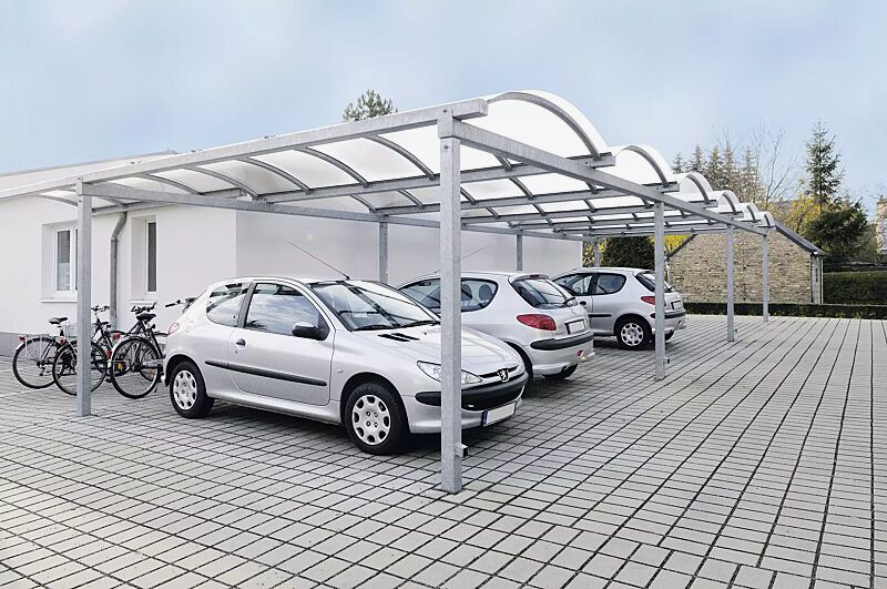 Pkw-Überdachung KALLISTO mit auftragsbezogener Anpassung für 6 Pkw, Dachbreite x Dachtiefe 15120 mm x 5000 / 10000 mm, Dacheindeckung Polycarbonat, opal transparent, Stahlkonstruktion feuerverzinkt