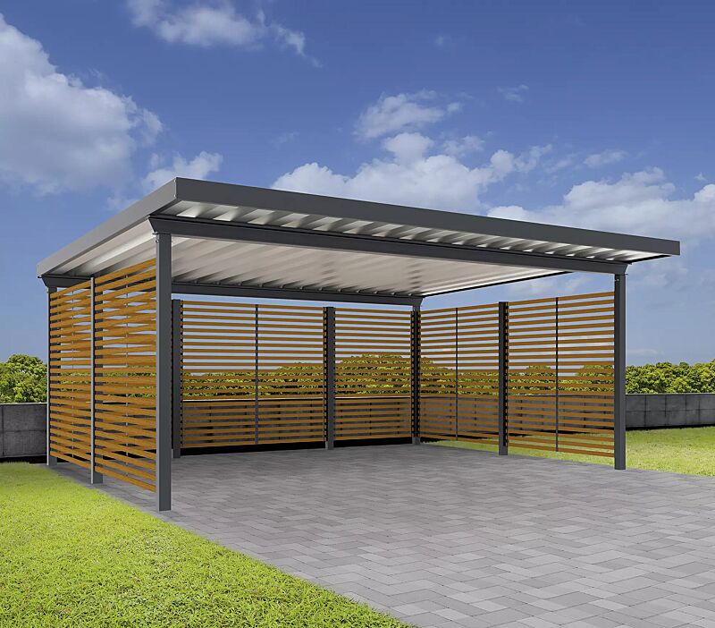 Pkw-Überdachung Z01, für 2 Pkw, Dachbreite x Dachtiefe 5600 mm x 5500 mm, Rück- und Seitenwände mit waagerechter Holzbelattung, Stahlkonstruktion in RAL 7016 anthrazitgrau