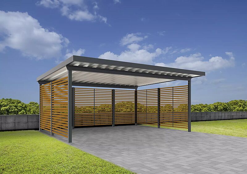 pkw-ueberdachung-z01__shoKAT0074736 Pkw-Überdachung Z01, für 2 Pkw, Dachbreite x Dachtiefe 5600 mm x 5500 mm, Rück- und Seitenwände mit waagerechter Holzbelattung, Stahlkonstruktion in RAL 7016 anthrazitgrau