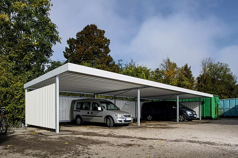 pkw-ueberdachung-z02__shoKAT0030127 PKW-Überdachung Z02 für 6 Pkw, Dachbreite x Dachtiefe 15190 mm x 5810 mm, Rück- und Seitenwände mit Trapezblech, Stahlkonstruktion feuerverzinkt