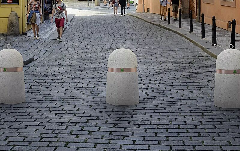 Poller MEL aus Beton, in Granitoptik weiß, mit Kupferband