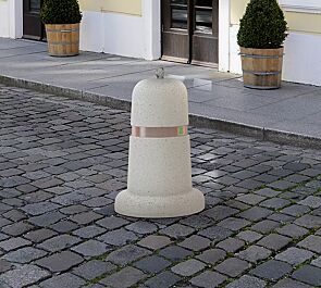<div id="container" class="container">Poller RAY aus Beton, mit Kupferband, in Granitoptik weiß</div>