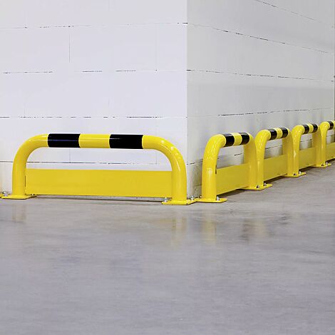 Rammschutzbügel KITEE mit Unterfahrschutz, zum Aufdübeln, H x B 350 mm x 1000 mm, gelb kunststoffbeschichtet mit schwarzen Signalstreifen