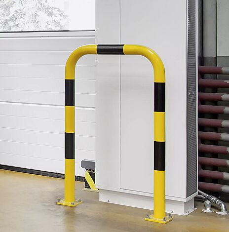 Rammschutzbügel KITEE ohne Unterfahrschutz, zum Aufdübeln, H x B 1200 mm x 750 mm, gelb kunststoffbeschichtet mit schwarzen Signalstreifen