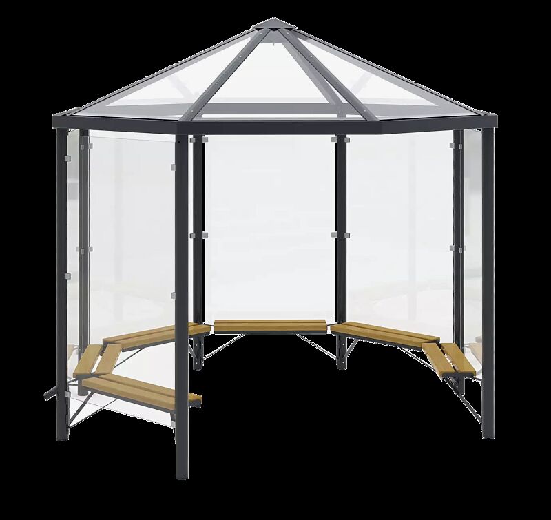 Raucherunterstand AQUARIUS, Dachbreite x Dachtiefe 3300 mm x 3300 mm, mit 6 Seitenwänden ESG, Klarglas, Sitzbänke mit Holzbelattung, Stahlkonstruktion in RAL 7016 anthrazitgrau