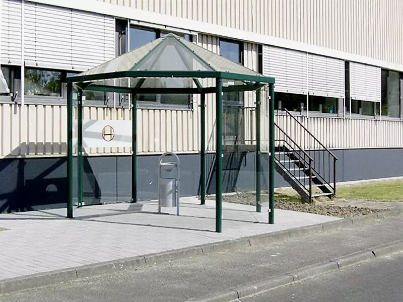 raucherunterstand-aqua__shoKAT0007683 Einzel-Pavillon AQUA Dachbreite x Dachtiefe 3300 mm x 3300 mm, Stahlkonstruktion feuerverzinkt und pulverbeschichtet inkl. 6 Seitenwände ESG Klarglas, Dacheindeckung VSG Klarglas