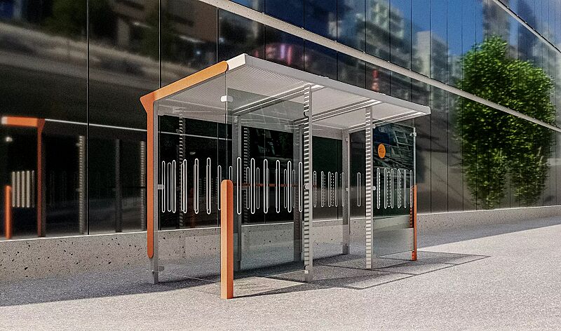 raucherunterstand-aureo__shoKAT0038063 Raucherunterstand AUREO, Dachbreite x Dachtiefe 4220 x 1855 mm, mit Rück-, Seiten- und Windschutzwänden ESG, Klarglas mit Siebdruckdekor und Ablageboard, Dach mit Siebdruckstreifen, vordere Seitenwandblende und -pfosten in RAL 2004 reinorange, Stahlkon...