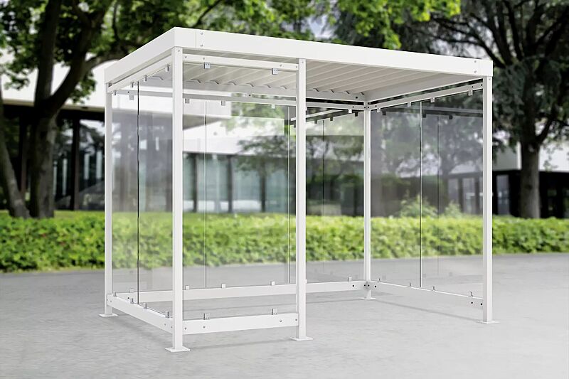 raucherunterstand-bootis__shoKAT0056633 Raucherunterstand BOOTIS, Dachbreite x Dachtiefe 3180 mm x 2165 mm, mit Rück- und Seitenwänden sowie Windschutzwand links, Stahlkonstruktion in RAL 9002 grauweiß