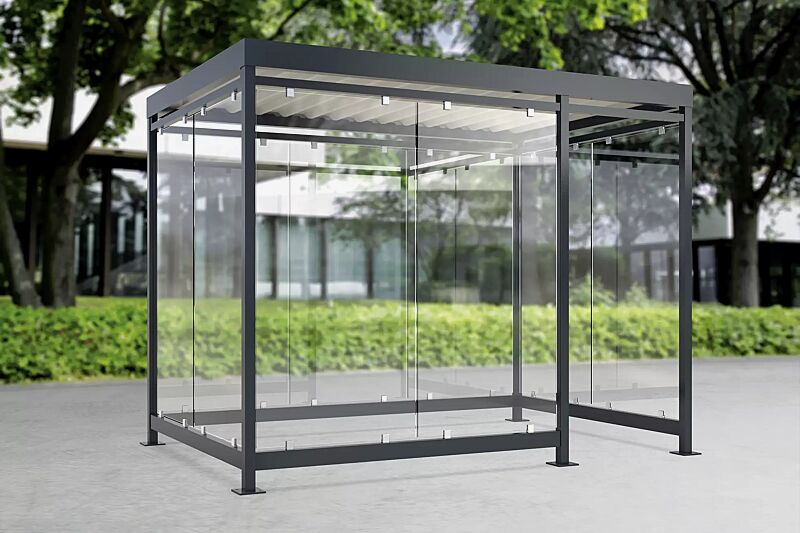 raucherunterstand-bootis__shoKAT0056636 Raucherunterstand BOOTIS, Dachbreite x Dachtiefe 3180 mm x 2165 mm, mit Rück- und Seitenwänden sowie 2 Windschutzwänden links (auftragsbezogene Anpassung), Stahlkonstruktion in RAL 7016 anthrazitgrau