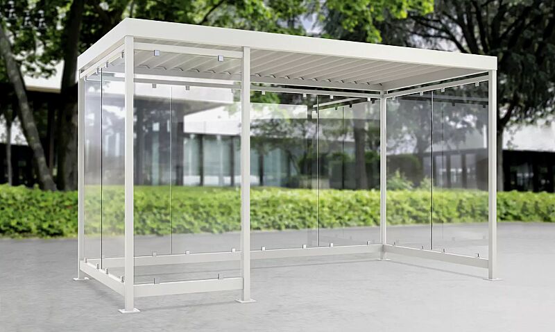 raucherunterstand-bootis__shoKAT0056637 Raucherunterstand BOOTIS, Dachbreite x Dachtiefe 4195 mm x 2165 mm, mit Rück- und Seitenwänden sowie Windschutzwand links, Stahlkonstruktion in RAL 9002 grauweiß