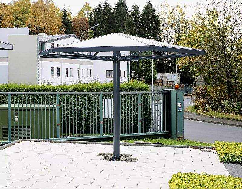 Raucherunterstand FUMAT, 6-eckig, Dachbreite x Dachtiefe 3450 mm x 3950 mm, Stahlkonstruktion in RAL 7016 anthrazitgrau