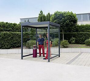 Raucherunterstand FUMO, Dachbreite x Dachtiefe 2080 mm x 2080 mm, Rück- / Seitenwände ESG, Klarglas, mit Abfallbehälter / Ascher CALGARY, Stahlkonstruktion in RAL 7016 anthrazitgrau