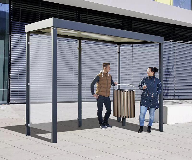 Raucherunterstand GEMALA, Dachbreite x Dachtiefe 3100 mm x 1600 mm, Stahlkonstruktion feuerverzinkt und pulverbeschichtet, inkl. Rück- / Seitenwände ESG, Klarglas, Dacheindeckung Trapezblech