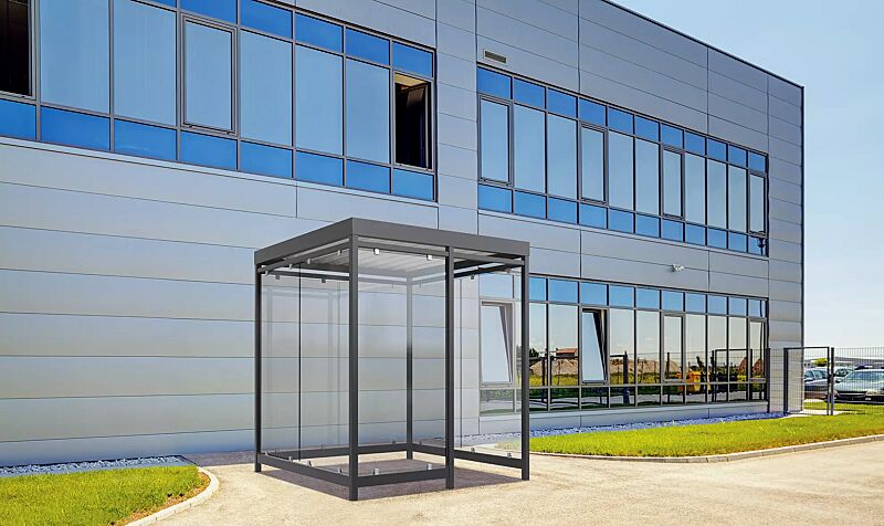 Raucherunterstand LEONIS, Dachbreite x Dachtiefe 2165 mm x 2165 mm, zum Aufdübeln bei -200 mm, mit Rück- und Seitenwände sowie Windschutzwand links, Stahlkonstruktion in RAL 7016 anthrazitgrau Raucherunterstand LEONIS, Dachbreite x Dachtiefe 2165 mm x ...