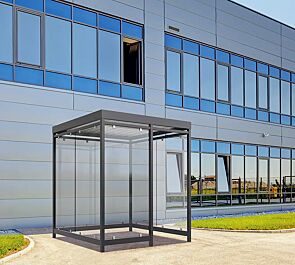 Raucherunterstand LEONIS, Dachbreite x Dachtiefe 2165 mm x 2165 mm, zum Aufdübeln bei -200 mm, mit Rück- und Seitenwände sowie Windschutzwand links, Stahlkonstruktion in RAL 7016 anthrazitgrau <br /><br />Raucherunterstand LEONIS, Dachbreite x Dachtiefe 2165 mm x 2165 mm, zum Aufdübeln bei -200 mm, Stahlkonstruktion feuerverzinkt, grundiert und farbbeschichtet, inkl. Rück- und Seitenwände sowie Windschutzwand rechts, Dacheindeckung Trapezblech