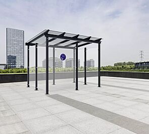 Raucherunterstand PEGASUS, Dachbreite x Dachtiefe 3300 mm x 2400 mm, Rück-/Seiten-/Windschutzwand ESG, Aufkleber Zigarette, Klarglas, Stahlkonstruktion in RAL 7016 anthrazitgrau