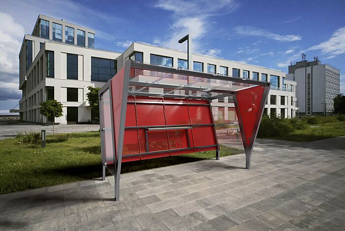 Raucherunterstand TAURI, Dachbreite x Dachtiefe 3940 mm x 2500 mm, einseitig, Dacheindeckung VSG, Rückwand perforiertes Stahlblech, Seitenwand ESG, Klarglas bzw. perforiertem Stahlblech, Stahlkonstruktion in RAL 9006 weißaluminium