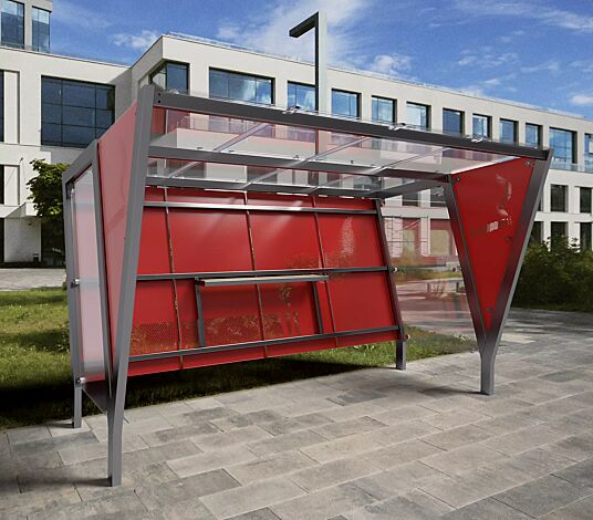 Raucherunterstand TAURI, Dachbreite x Dachtiefe 3940 mm x 2500 mm, einseitig, Dacheindeckung VSG, Rückwand perforiertes Stahlblech, Seitenwand ESG, Klarglas bzw. perforiertem Stahlblech, Stahlkonstruktion in RAL 9006 weißaluminium