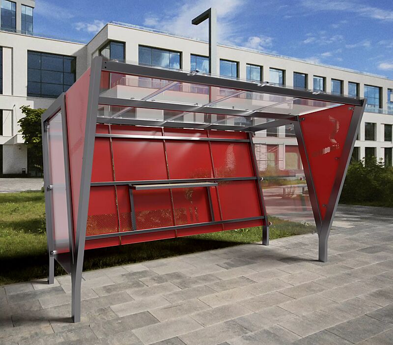 Raucherunterstand TAURI, Dachbreite x Dachtiefe 3940 mm x 2500 mm, einseitig, Dacheindeckung VSG, Rückwand perforiertes Stahlblech, Seitenwand ESG, Klarglas bzw. perforiertem Stahlblech, Stahlkonstruktion in RAL 9006 weißaluminium