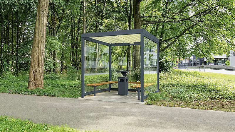 raucherunterstand-tobacco__shoKAT0070759 Raucherunterstand TOBACCO, Dachbreite x Dachtiefe 2400 mm x 2400 mm, mit Rück- / Seitenwänden und 3-seitig umlaufender Sitzbank, im Dach integrierte Beleuchtung mit Bewegungsmelder, Stahlkonstruktion in RAL 7016 anthrazitgrau