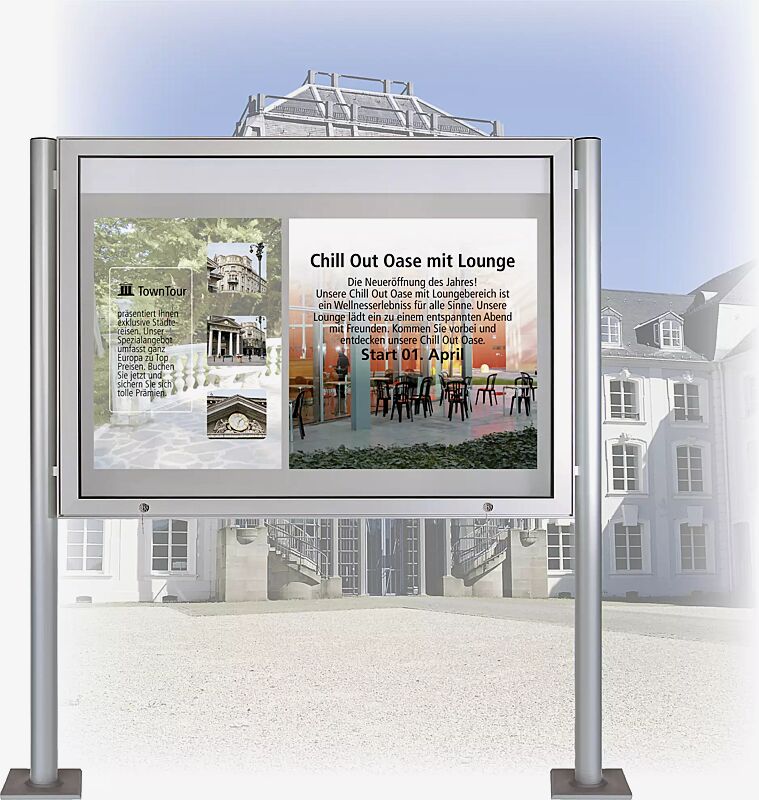 Schaukasten CITY mit Rundrohrständern zum Aufdübeln, für 16 x DIN A4, Alu silber