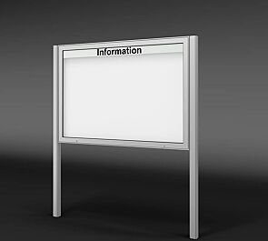 Schaukasten DERINEA mit Rechteckrohrständer zum Einbetonieren (Zubehör), Ecken spitz, Bautiefe 65 mm, für 21 x DIN A4, mit Beschriftung (Zubehör), Alu silber
