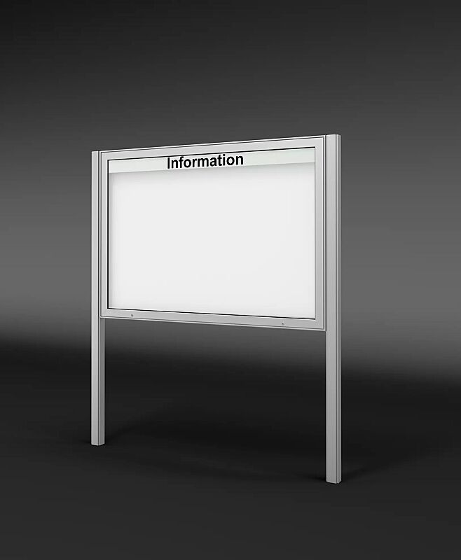 Schaukasten DERINEA mit Rechteckrohrständer zum Einbetonieren (Zubehör), Ecken spitz, Bautiefe 65 mm, für 21 x DIN A4, mit Beschriftung (Zubehör), Alu silber