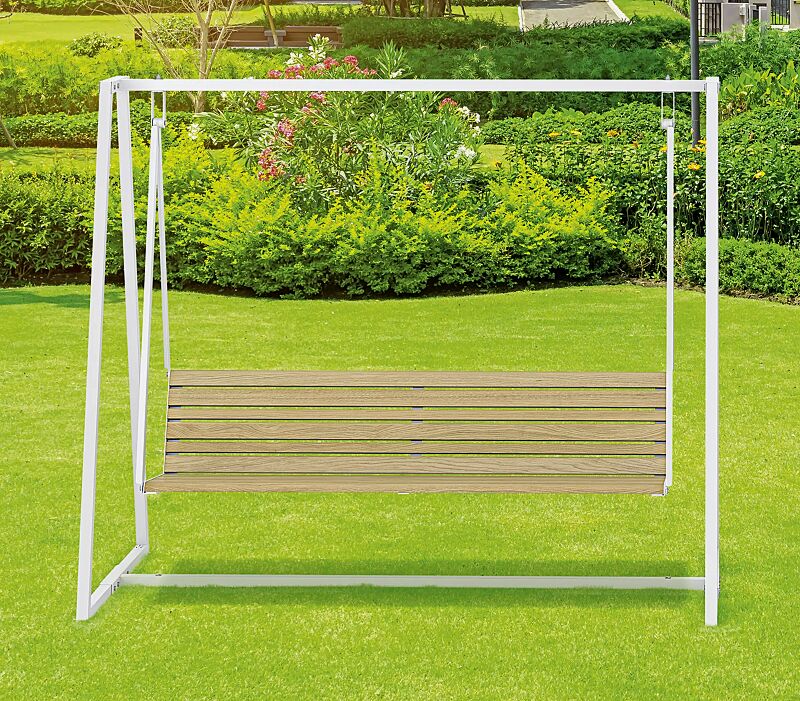 Schaukelbank MANTUA, Aluminium in natürlichem Eschenholzoptik-Effekt, Stahlteile in RAL 9003 signalweiß