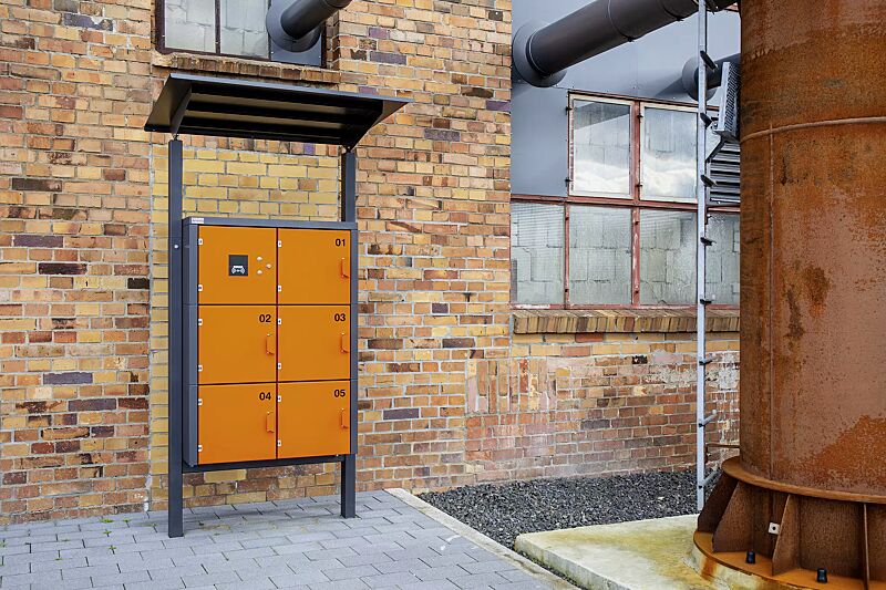 schliessfachanlage-secure__shoKAT0069280 Schließfachanlage SECURE, 5 Fächer mit Elektroinstallation, zusätzliches Technikfach mit TFT-Display und RFID/SMS-Zugangssteuerung STATION-CONTROL, Stützen zum Aufdübeln inklusive Dach, Stahlkonstruktion in DB 703 eisenglimmer bzw. RAL 2004 reinorange...