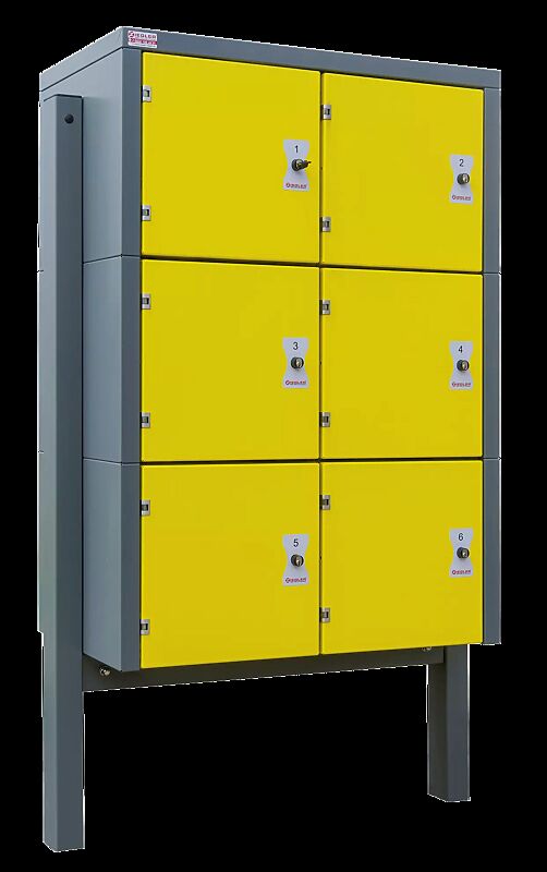 Schließfachanlage SECURE, 6 Fächer mit Elektroinstallation, Türschließung mittels Münzpfandschloss, Stahlkonstruktion in RAL 7012 basaltgrau und RAL 1018 zinkgelb 6er-Schließfachanlage SECURE, Stahlkonstruktion verzinkt und pulverbeschichtet, inkl. Unt...