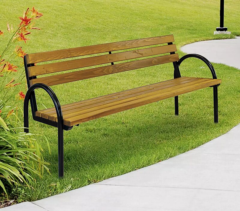 Seniorenbank SAN REMO NEW mit Rückenlehne und Armlehnen, mit Fichtenholzbelattung, Stahlteile in RAL 9011 graphitschwarz