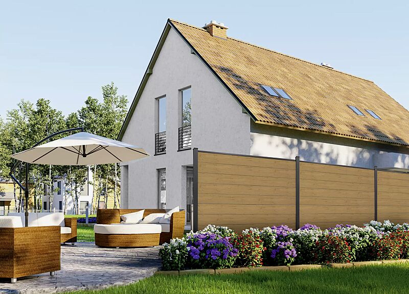 sichtschutzwand-wexford__shoKAT0073060 Sichtschutzwand WEXFORD, Ausführung SMALL, Höhe 1800 mm, Pfosten in DB 703 eisenglimmer, Wandelemente foliert in asteiche natur