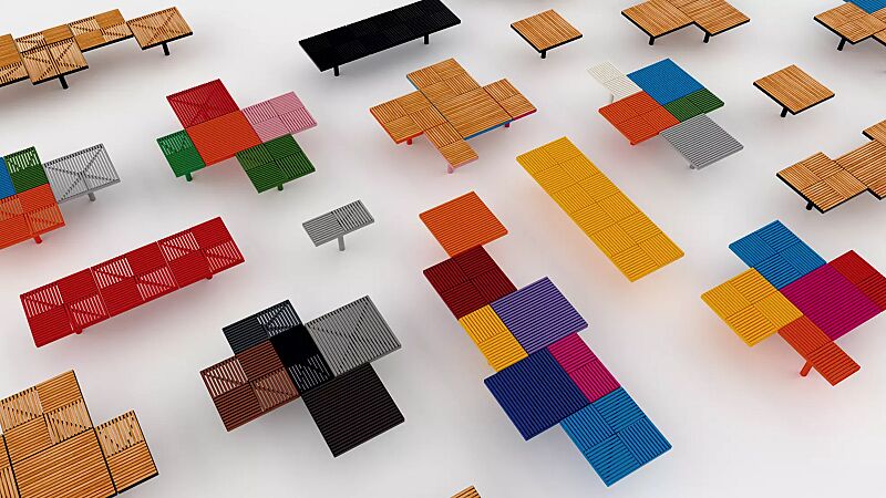 Sitz PIXEL CITÈ, bestehend aus verschiedenen Segmenten, in Holz- und Stahlausführung