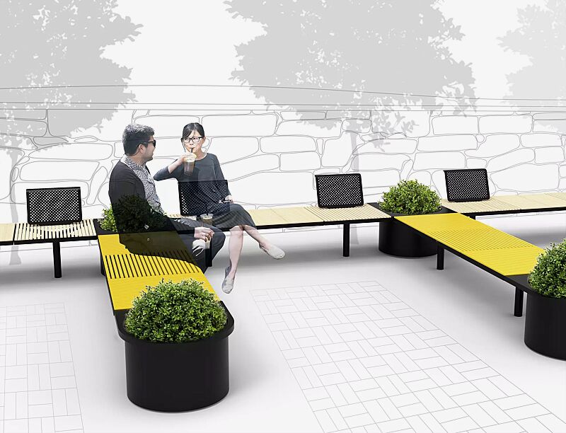 Sitz PIXEL CITÈ, bestehend aus verschiedenen Segmenten, in Holz- und Stahlausführung, mit Rückenlehne und Pflanzbehälter (Zubehör)