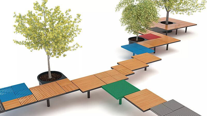 Sitz PIXEL CITÈ, bestehend aus verschiedenen Segmenten, mit Holzbelattung, mit Pflanzbehälter (Zubehör)