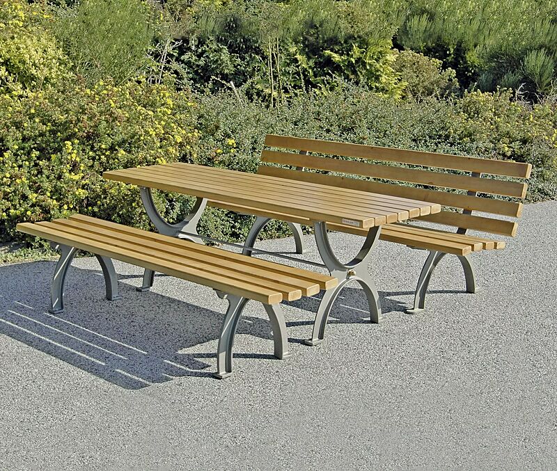 Sitzbänke ALBAS ohne und mit Rückenlehne und Tisch ALBAS, mit Eschenholzbelattung