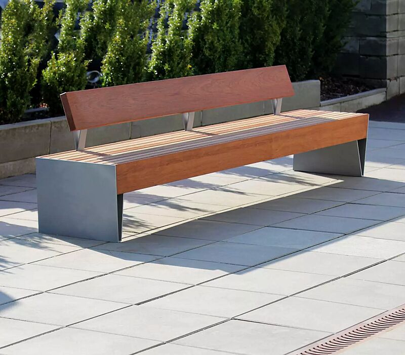 Sitzbank BLOCQ mit Rückenlehne, mit Jatobaholzbelattung, Stahlteile in RAL 9007 graualuminium