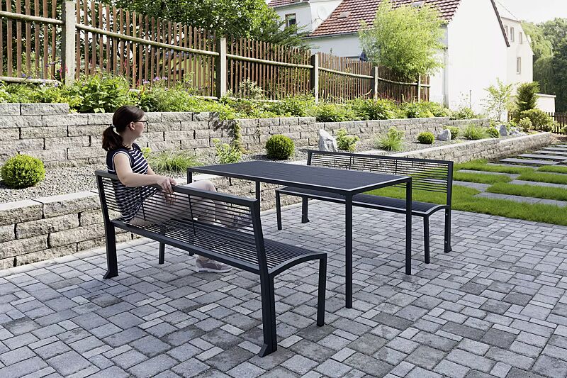 sitzbank-camilla__shoKAT0055673 Sitzbänke CAMILLA mit Rückenlehne und Tisch CAMILLA, in RAL 7016 anthrazitgrau