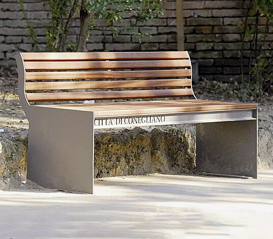Sitzbank CIMA mit Rückenlehne, mit Hartholzbelattung, Stahlteile in RAL 9007 graualuminium, mit Laserschriftzug (Mehrpreis)