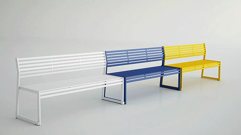 sitzbank-cortina__shoKAT0070396 Sitzbänke CORTINA mit Rückenlehne, zum freien Aufstellen, Breite 1800 mm, in RAL 9003 signalweiß, RAL 5023 fernblau sowie RAL 1004 goldgelb