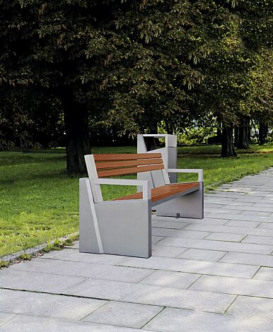 Sitzbank INTAL mit Rückenlehne, Stahlteile in RAL 9007 graualuminium, Beton beschichtet in grau