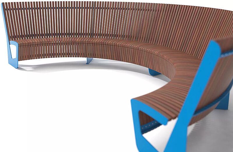 sitzbank-landscape-compact__shoKAT0066336 Sitzbank LANDSCAPE COMPACT mit Rückenlehne, gebogen, Bankform Innenradius, mit Jatobaholzbelattung, Stahlteile in RAL 5015 himmelblau