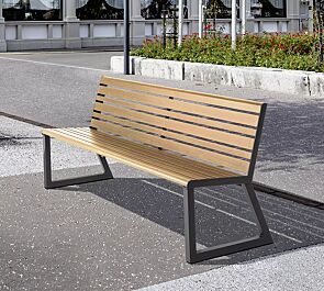Sitzbank MANTUA mit Rückenlehne, Aluminium in Durmast Eichenholzoptik-Effekt (auf Anfrage gegen Mehrpreis), Stahlteile in RAL 9005 tiefschwarz