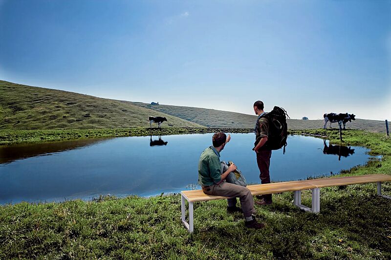 sitzbank-mantua__shoKAT0060720 Sitzbank MANTUA ohne Rückenlehne, Aluminium in natürlichem Eschenholzoptik-Effekt, Stahlteile in RAL 9003 signalweiß
