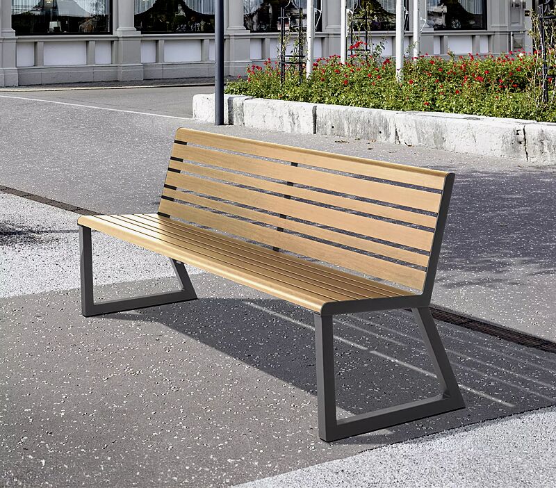 Sitzbank MANTUA mit Rückenlehne, Aluminium in Durmast Eichenholzoptik-Effekt (auf Anfrage gegen Mehrpreis), Stahlteile in RAL 9005 tiefschwarz