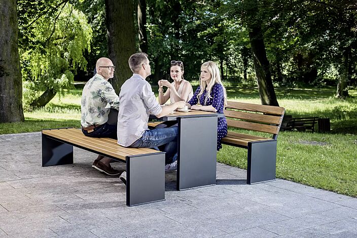 Bank-Tisch-Kombination NATURA mit Escheholzbelattung, bestehend aus einem Tisch, Sitzbank mit und ohne Rückenlehne, Stahlteile in RAL 7016 anthrazitgrau